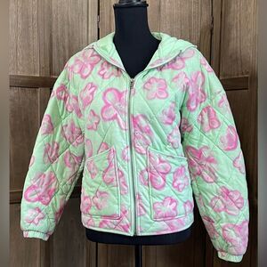 EUC Women’s Wild Fable hooded quilted mint green/pink floral jacket.